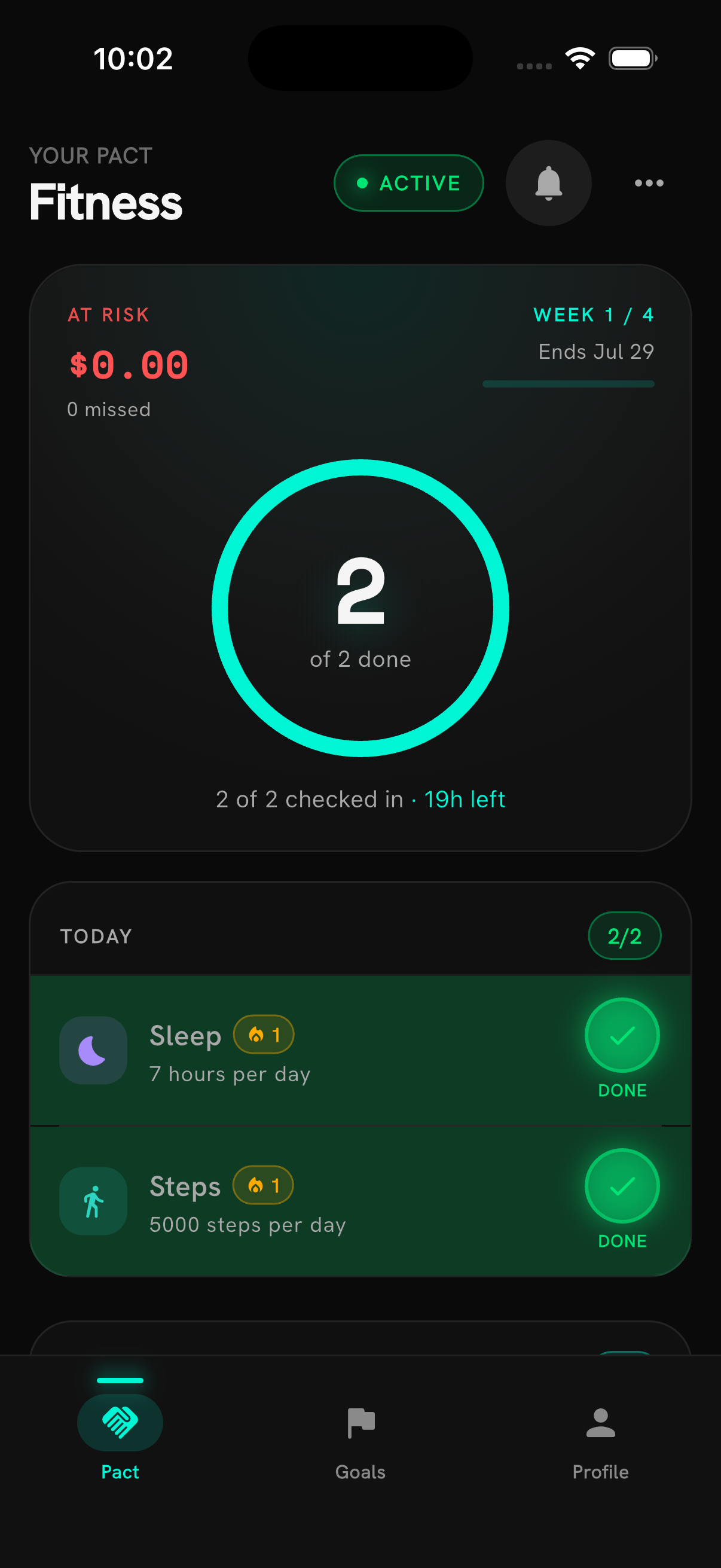 Pact home screen — today's check-ins for an active pact